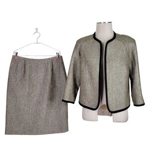 Kasper Tweed Skirt Suit 8 Black Tan Open Blazer 3/4 Sleeve Back Zip Kick Pleat